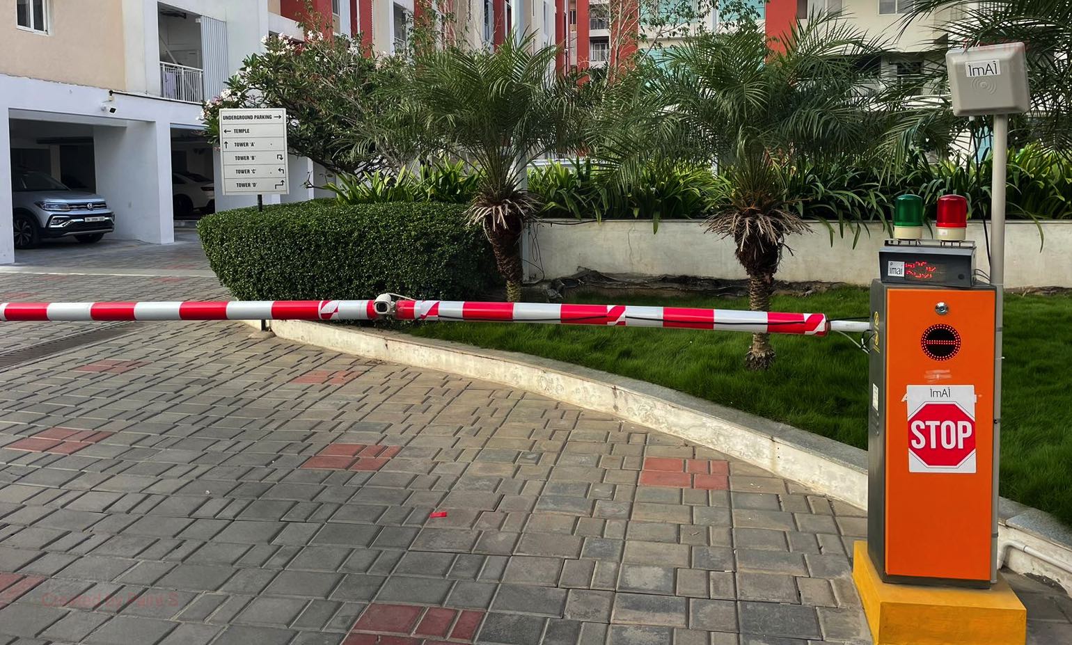 imAI automatic boom barrier system integrated with ANPR camera at Chettinad Burgundy in Coimbatore