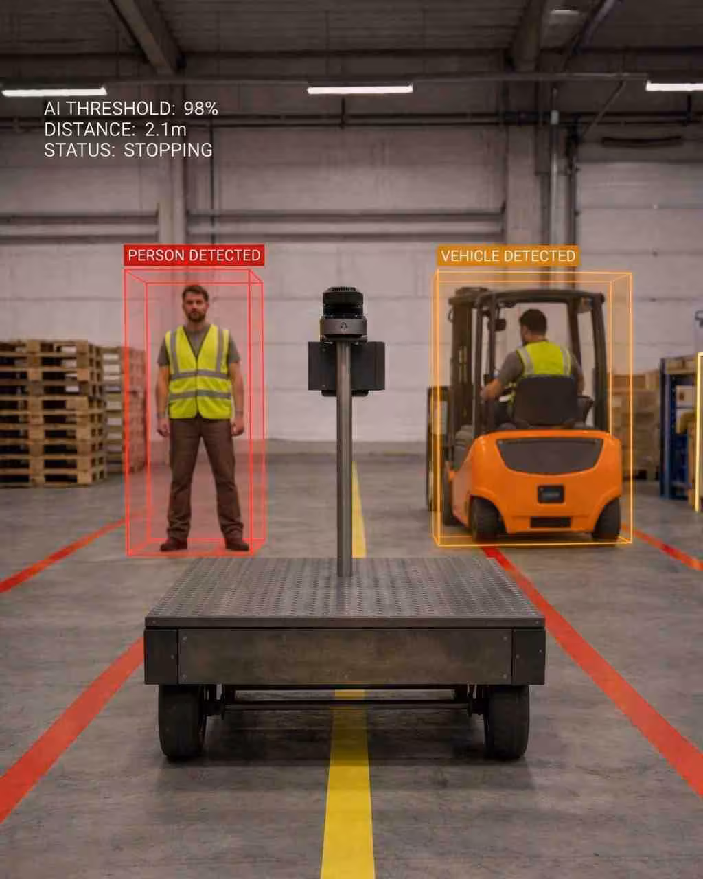 Close-up of imAI AGV 360-degree LiDAR sensor array and AI safety shield scanning warehouse environment for human collision prevention
