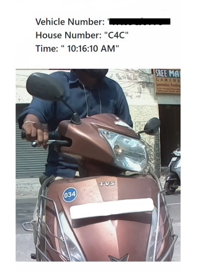 imAI ANPR cloud software dashboard displaying a real-time vehicle entry log with captured image, license plate number, house assignment, and timestamp