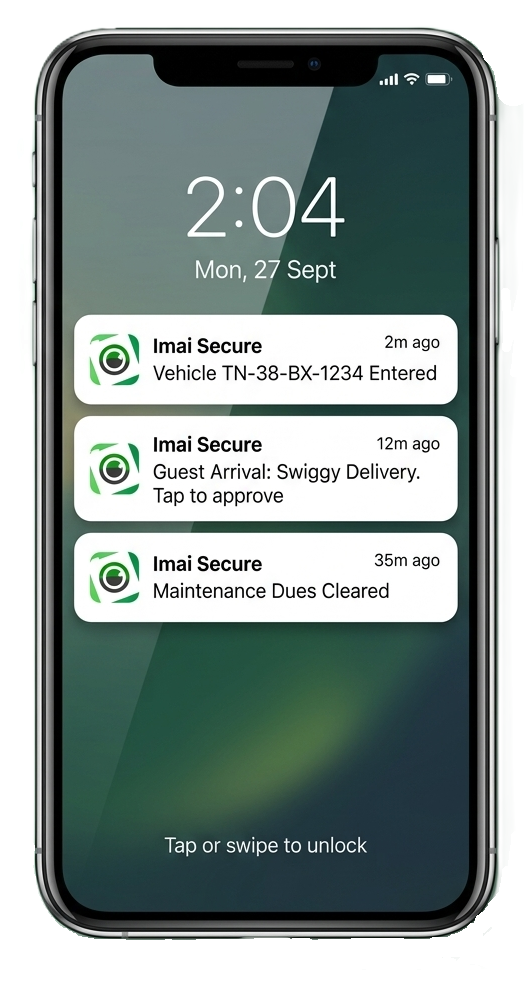 imAI Secure resident app displaying real-time push notifications for vehicle entry, visitor arrival, and maintenance dues on a smartphone lock screen