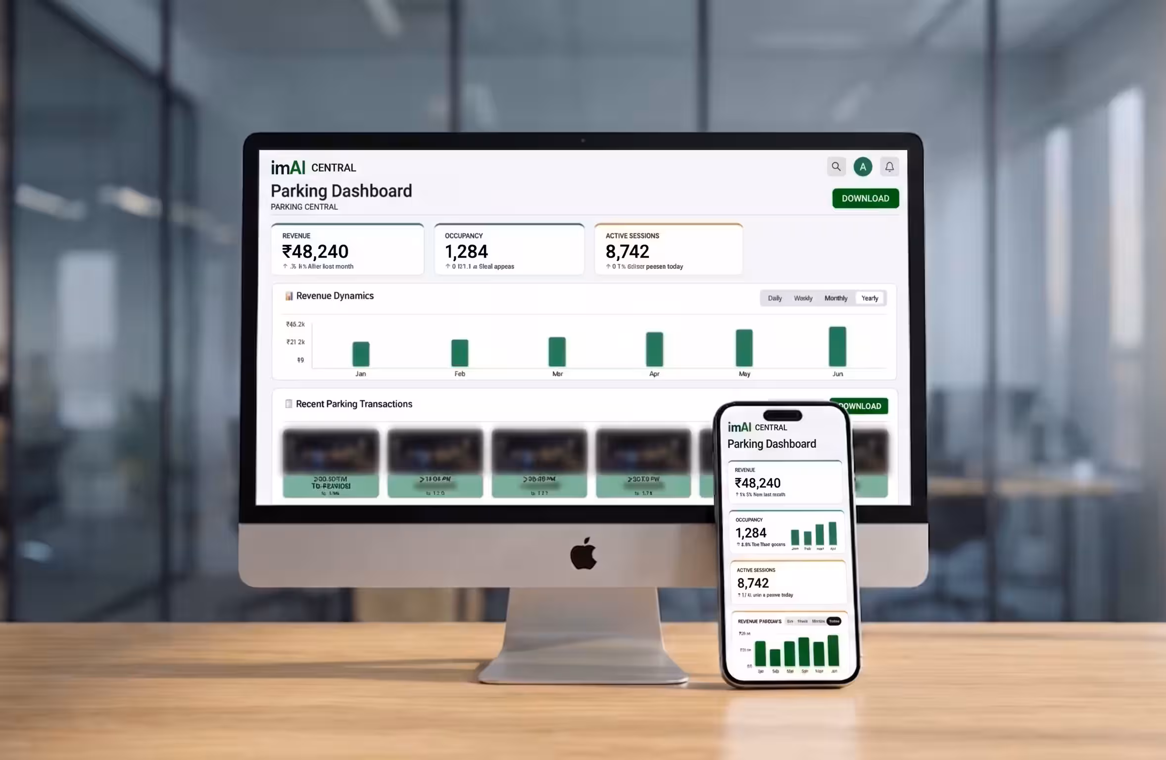 Photorealistic 3D mockup of the imAI Parking Cloud Dashboard displaying revenue analytics on a desktop monitor and mobile smartphone